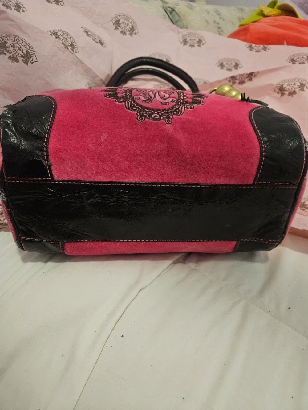 Rare Juicy Couture Y2K Dollish Hot Pink Velour Satchel with Gold Brass Charm